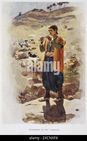 L'AQUARELLE (1906) représentant un berger ou berger avec un tuyau musical, au Liban. Banque D'Images