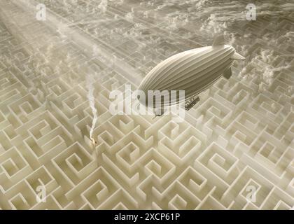 Concept de sauvetage, d'aide avec blimp vintage au-dessus du labyrinthe et signal de fusée Banque D'Images