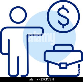 Personne saluant un taxi, une mallette et un signe dollar. Services de transport d'affaires. Icône vectorielle Pixel Perfect Illustration de Vecteur