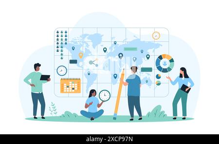 Sociologie et démographie, analyse des données démographiques. Minuscules personnes avec la recherche au crayon emplacement global des groupes sociaux sur la carte du monde, les sociologues analysent les graphiques statistiques illustration vectorielle de dessin animé Illustration de Vecteur