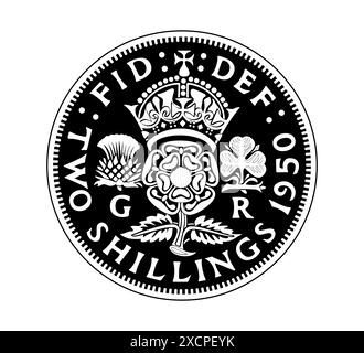 Deux shillings, roi George VI florin avec rose couronnée, chardon et trèfle, Rosa Tudor - emblème de l'Angleterre. La pièce est représentée en noir et blanc. Illustration de Vecteur