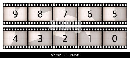 Bande de film grunge de compte à rebours de film avec des nombres de comptage dans des cadres de bande de film rétro, arrière-plan vectoriel. Écran de cinéma avec compte à rebours en bande de film grunge pour cinéma ou écran rétro cinématographique Illustration de Vecteur