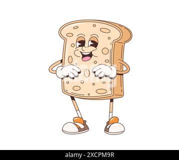 Personnage de toast rétro groovy de dessin animé. Vecteur isolé délicieuse tranche de pain debout avec un sourire rayonnant. Joyeux petit déjeuner personnage dans des chaussures élégantes, charisme hippie suintant et vibrations de joie Illustration de Vecteur