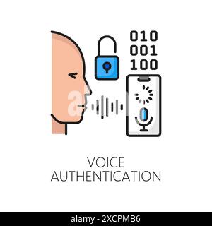 Authentification vocale, identification biométrique ou icône de vérification. Le signe linéaire de couleur vectorielle symbolise un accès sécurisé grâce à la reconnaissance de motifs vocaux uniques, une technologie innovante avancée Illustration de Vecteur