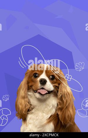 Œuvres d'art contemporaines. Illustration vectorielle. Photo en gros plan du cavalier King Charles Spaniel portant un bonnet en tricot. Palette de couleurs éclatantes. Illustration de Vecteur