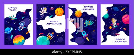 Voyage spatial et galaxie Explorer des affiches avec des personnages extraterrestres et astronautes de bande dessinée, des fusées et des planètes. Exploration et découverte de l'espace, affiches vectorielles de voyage dans l'espace extra-atmosphérique avec OVNI et fusées Illustration de Vecteur