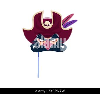 Carnaval de pirate et masque de cabine photo. Vecteur de bande dessinée isolé corsaire scowling avec barbe, chapeau de capitaine, complet avec crâne menaçant et plumes violettes. Déguisement pour les fêtes costumées ou événement thématique Illustration de Vecteur