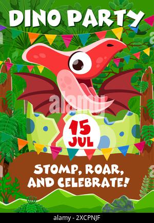 Invitation d'anniversaire, dépliant de fête de dinosaure de dinosaure de bébé de dessin animé mignon ptérodactyl dans l'œuf. Affiche d'invitation vectorielle pour la célébration sur le thème Jurassique avec du plaisir, des jeux et des aventures préhistoriques Illustration de Vecteur