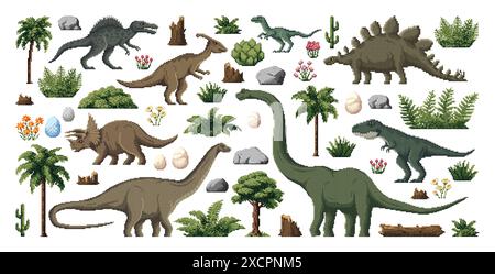 dinosaures préhistoriques 8 bits pixel art, actif de jeu. Ensemble pixelisé vectoriel d'articles floraux de vie et d'environnement antiques dans un style rétro. Épices Dino, œufs, rochers, arbres et buissons pour une expérience de jeu Illustration de Vecteur