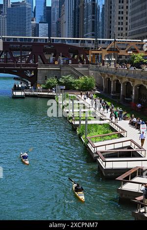 Les kayaks et les piétons passent devant la section des jardins flottants de la Chicago Riverwalk, connue sous le nom de Jetty. Banque D'Images