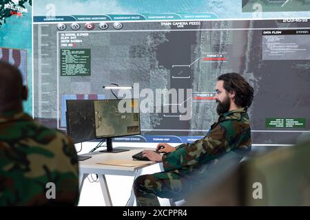 Recrue militaire collectant des données en temps réel à partir du système radar satellite, travaillant sur la reconnaissance pour les unités d'infanterie déployées. Le personnel de l'armée vérifie les images de surveillance dans la base de puissance. Banque D'Images