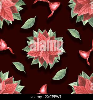 Poinsettia fleurs rouges avec feuilles et arc. Noël modèle sans couture vintage. Illustration d'aquarelle dessinée à la main plantes traditionnelles pour l'hiver Banque D'Images
