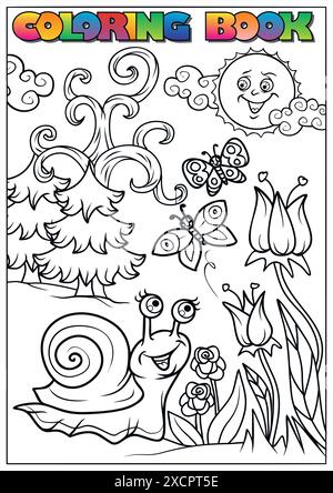 Joyeux escargot rampant dans la page de coloration du jardin pour les enfants avec des arbres de soleil et des fleurs Illustration de Vecteur