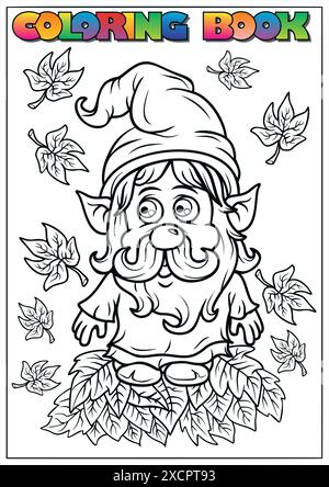 Coloriage montrant un gnome de jardin drôle debout sur un tas de feuilles d'automne sèches Illustration de Vecteur