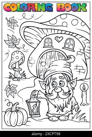Illustration en noir et blanc d'un gnome tenant une lanterne debout près d'une maison de champignons pour un livre d'activités de coloriage Illustration de Vecteur