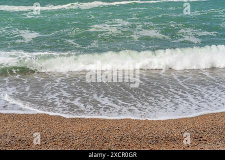 Gros plan côtier sur une plage de la région de Normandie, dans le nord de la France Banque D'Images