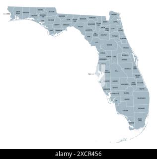 Comtés de Floride, carte politique grise. La Floride, un état de la région du sud-est des États-Unis, est subdivisée en 67 comtés. Banque D'Images