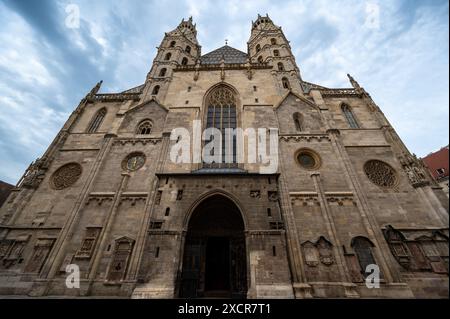 Vienne, Autriche, 17 août 2022. L'imposante façade de la cathédrale d'Étienne. Les gens s'arrêtent devant. Banque D'Images