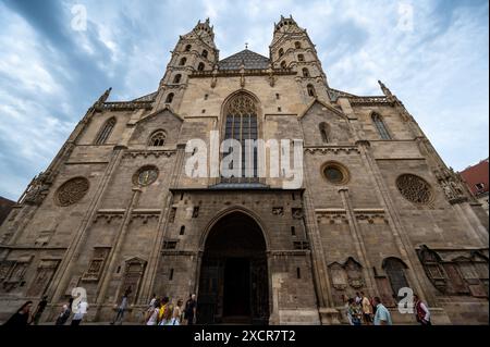 Vienne, Autriche, 17 août 2022. L'imposante façade de la cathédrale d'Étienne. Les gens s'arrêtent devant. Banque D'Images