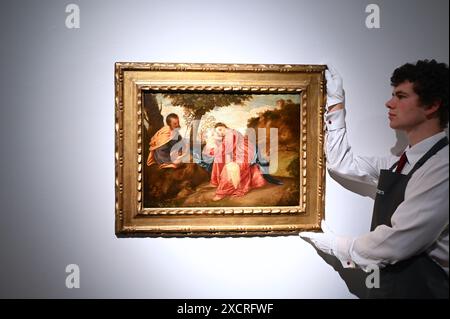 Le premier chef-d'œuvre de Titien repose sur la fuite en Égypte  ayant appartenu à des ducs, archiducs et empereurs romains, il a été pillé par Napoléon et volé à la fin du XXe siècle  proposé par Lord Bath et les Longleat Trustees dans le cadre de leur stratégie d’investissement à long terme, il conduira la vente de Christie’s Old Masters part I à Londres le 2 juillet 2024 Banque D'Images