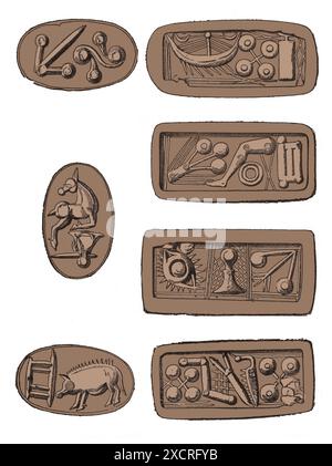 A gauche, symboles sur trois côtés de la cornaline. A droite, symboles sur la pierre à quatre côtés. La Crète était autrefois le centre de la civilisation minoenne (2700-1420 av. J.-C.), qui Banque D'Images