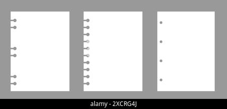 Ensemble de feuilles de carnet isolé sur fond gris. Papier blanc réaliste. Pages verticales différentes de l'agenda. Modèle vectoriel Illustration de Vecteur