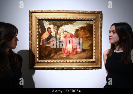 Le premier chef-d'œuvre de Titien repose sur la fuite en Égypte  ayant appartenu à des ducs, archiducs et empereurs romains, il a été pillé par Napoléon et volé à la fin du XXe siècle  proposé par Lord Bath et les Longleat Trustees dans le cadre de leur stratégie d’investissement à long terme, il conduira la vente de Christie’s Old Masters part I à Londres le 2 juillet 2024 Banque D'Images