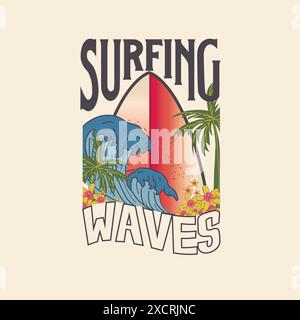 Rétro surf vagues été plage typographie surf board Tee-shirt graphique Illustration de Vecteur