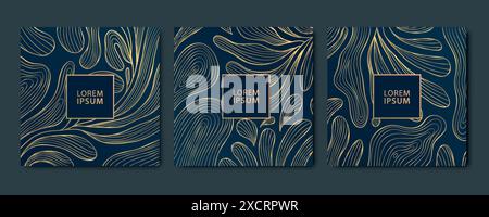 Fond d'or de luxe de vecteur, laisse la conception de marbre, cartes d'art de ligne, modèles, boîte de paquet, brochures. Étiquettes de feuilles tropicales foncées, ornement royal Illustration de Vecteur