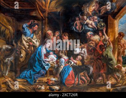 La Nativité de Jacob Jordaens (1593-1678), huile sur panneau, v. 1653 Banque D'Images