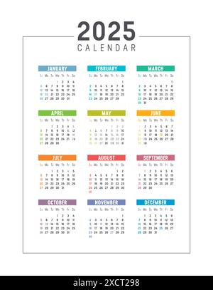 Année 2025 calendrier coloré américain sur fond blanc, les semaines commencent dimanche, vacances USA, modèle vectoriel en anglais Illustration de Vecteur