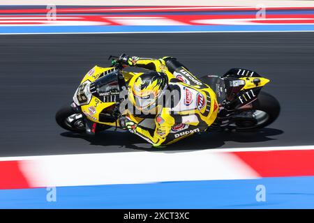 Misano Adriatico, Italie. 14 juin 2024. Andrea Iannone du Team Goeleven avec Ducati Panigale V4R vu en action lors du Championnat du monde FIM SBK Superbike Pirelli Emilia-Romagna Round - essais libres sur le Misano World circuit à Misano Adriatico. (Photo de Fabrizio Carabelli/SOPA images/Sipa USA) crédit : Sipa USA/Alamy Live News Banque D'Images