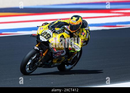 Misano Adriatico, Italie. 14 juin 2024. Andrea Iannone du Team Goeleven avec Ducati Panigale V4R vu en action lors du Championnat du monde FIM SBK Superbike Pirelli Emilia-Romagna Round - essais libres sur le Misano World circuit à Misano Adriatico. (Photo de Fabrizio Carabelli/SOPA images/Sipa USA) crédit : Sipa USA/Alamy Live News Banque D'Images