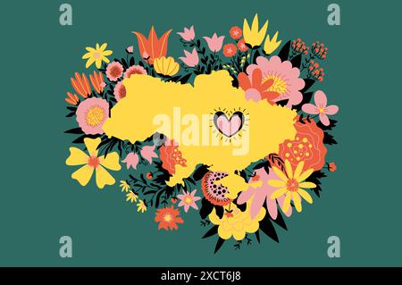 Silhouette du pays Ukraine en fleurs. Illustration associative de la lutte pour la paix et le soutien du pays. Dessin coloré. Banque D'Images