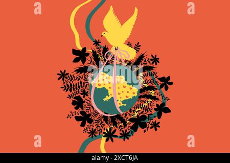 Colombe de paix, tenant la planète au centre avec le pays de l'Ukraine. Illustration associative de la paix, de l'amour et de la prospérité du pays. Banque D'Images