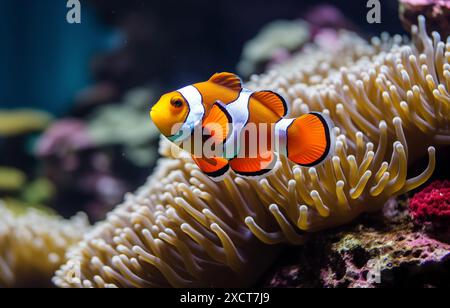 Un poisson-clown dynamique nageant parmi les anémones de mer dans un récif corallien. Banque D'Images