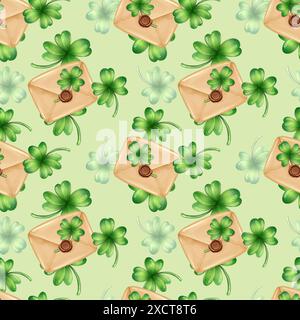 Motif sans couture avec feuilles de trèfle. Trèfle vert à quatre feuilles. Banque D'Images