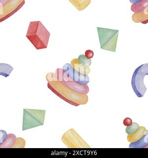 Modèle sans couture bébé avec des blocs et puzzle tour Ring en aquarelle. Ornement de jouet simple. Imprimé textile dessiné à la main pour les vêtements d'enfants, papier peint de pépinière pour enfants, papier d'emballage, scrapbooking Banque D'Images