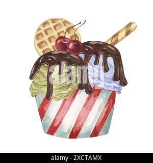 Crème glacée sundae dans le gobelet en papier rayé avec sirop de chocolat, gaufres et garnitures de cerises maraschino. Illustration aquarelle dessert pour les conceptions culinaires, menu, foire d'été. Clipart dessiné à la main Banque D'Images