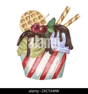 Crème glacée sundae dans le gobelet en papier rayé avec sirop de chocolat, gaufres et garnitures de cerises maraschino. Illustration aquarelle dessert pour les conceptions culinaires, menu, foire d'été. Clipart dessiné à la main Banque D'Images