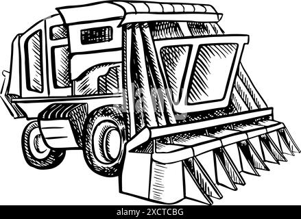 Récolteuse de coton. Illustration graphique vectorielle noir et blanc dessinée à la main. Dessin linéaire détaillé d'une récolteuse de coton moderne utilisée dans l'agriculture Illustration de Vecteur