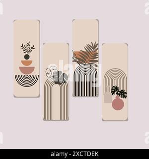 Ensemble de quatre bannières verticales avec des plantes tropicales, des feuilles et des fleurs. Illustration de Vecteur
