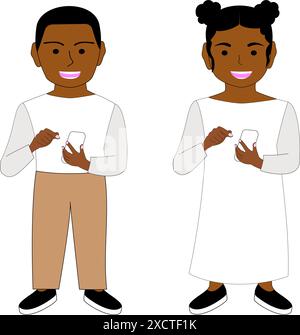 Enfants noirs avec téléphone intelligent, fond blanc. Illustration de Vecteur