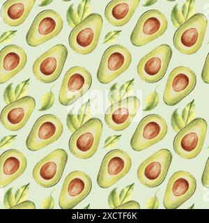 Aquarelle Seamless motif de moitiés et de feuilles d'avocat mûr sur un fond vert clair. Peut être utilisé pour les impressions textiles de cuisine, l'emballage de produits Banque D'Images