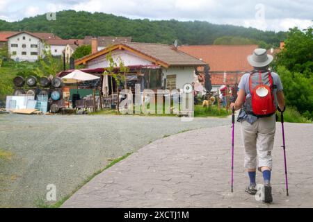 Pèlerins approchant le village espagnol de Viskarret tout en marchant le Camino de Santiago le chemin de Saint James route de pèlerinage Espagne Banque D'Images