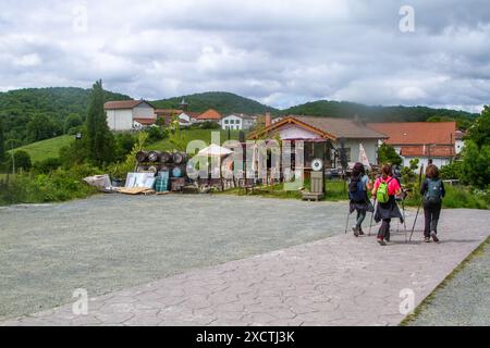 Pèlerins approchant le village espagnol de Viskarret tout en marchant le Camino de Santiago le chemin de Saint James route de pèlerinage Espagne Banque D'Images