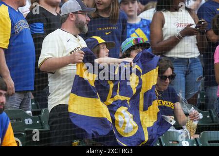 Les fans des Milwaukee Brewers se lèvent à la neuvième manche et deux sorties encouragent la sortie finale lors du match de saison régulière de la MLB entre les Cincinnati Reds et les Milwaukee Brewers à l'American Family Field à Milwaukee, Wisconsin, le 16 juin 2024. Les Brewers ont battu les Reds 5-4. (Max Siker / image du sport) Banque D'Images