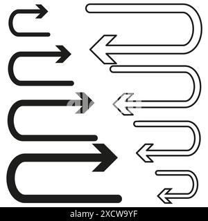 Icônes fléchées courbes. Symboles de direction définis. Noir et blanc. Graphique vectoriel. Illustration de Vecteur