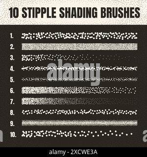 Pinceau dispersé à stipple, dessin à l'encre et texturation. Dégradé de fondu. Pointillés, dessin dotwork, ombrage à l'aide de points. Effet de désintégration des demi-tons Illustration de Vecteur