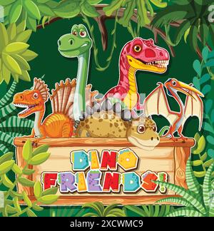 Dinosaures colorés dans un cadre de jungle Illustration de Vecteur